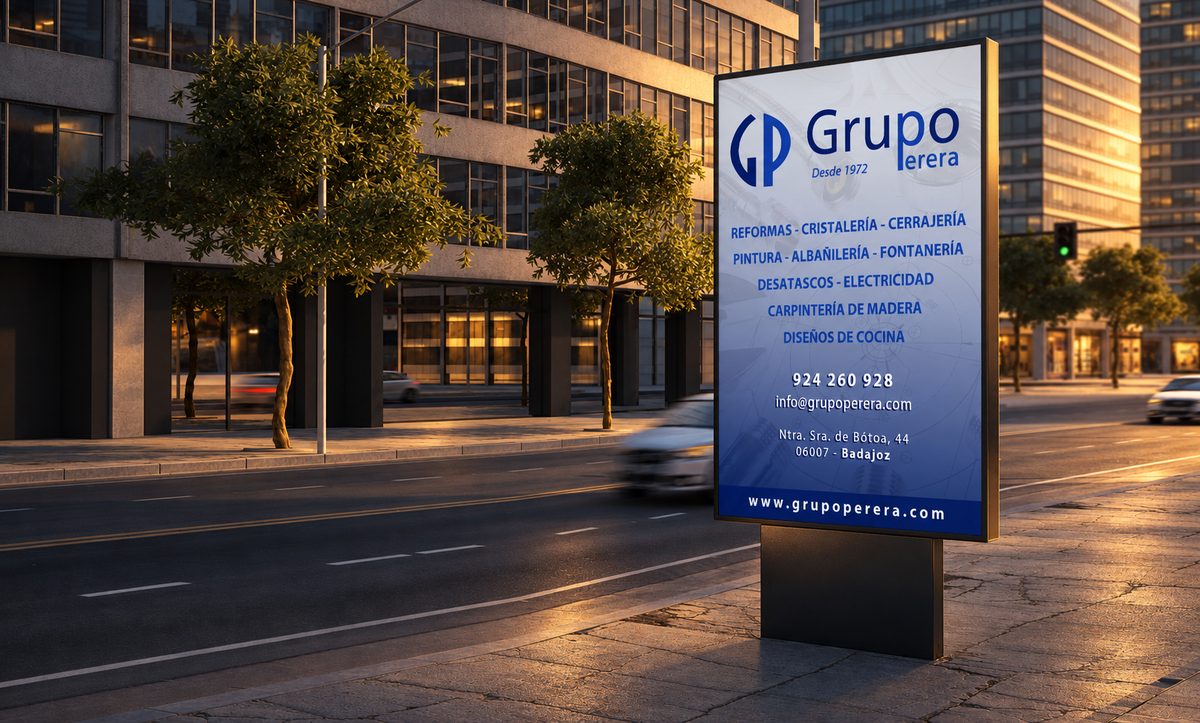 Cartel de Grupo Perera en una calle al atardecer, con sus servicios, correo y dirección en Badajoz