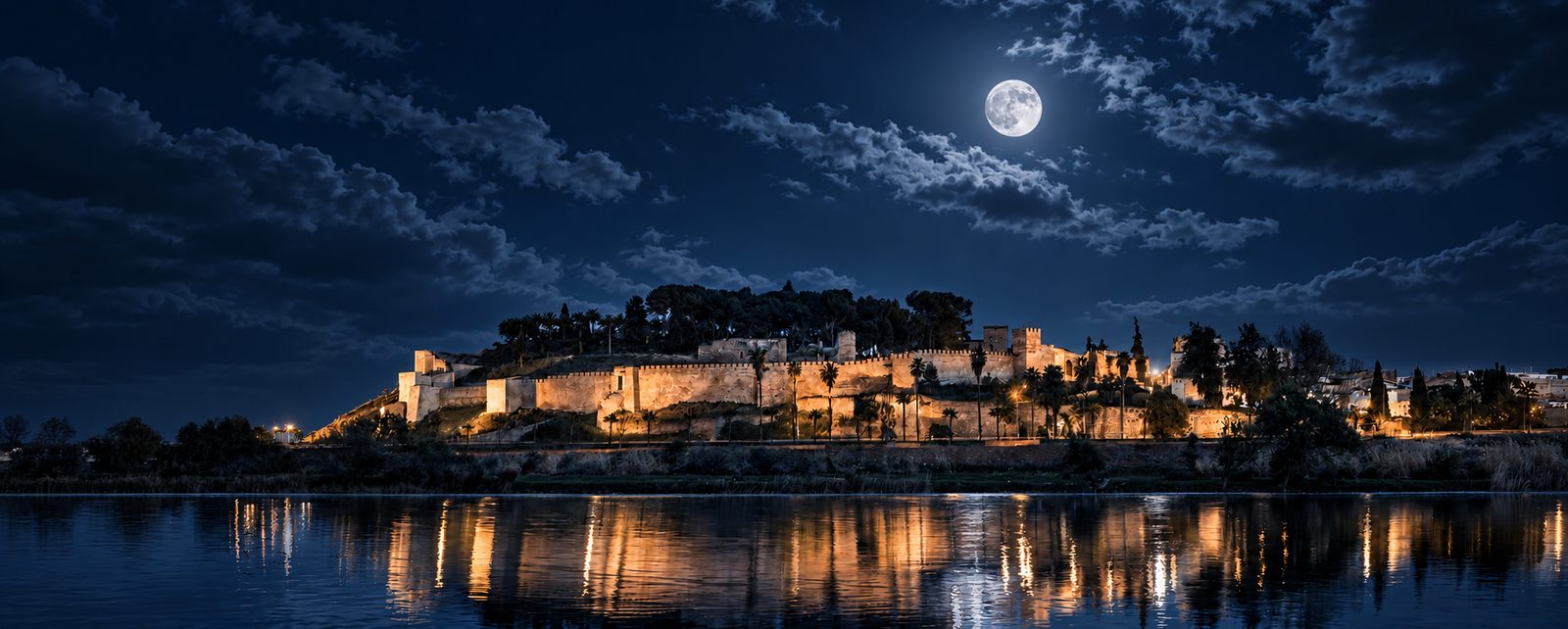 Alcazaba de Badajoz bajo la luna llena, reflejada en el río Guadiana