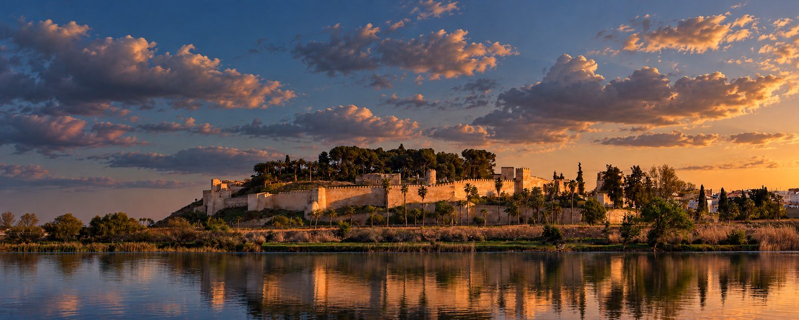 Alcazaba de Badajoz al atardecer, con nubes doradas reflejadas en el río Guadiana